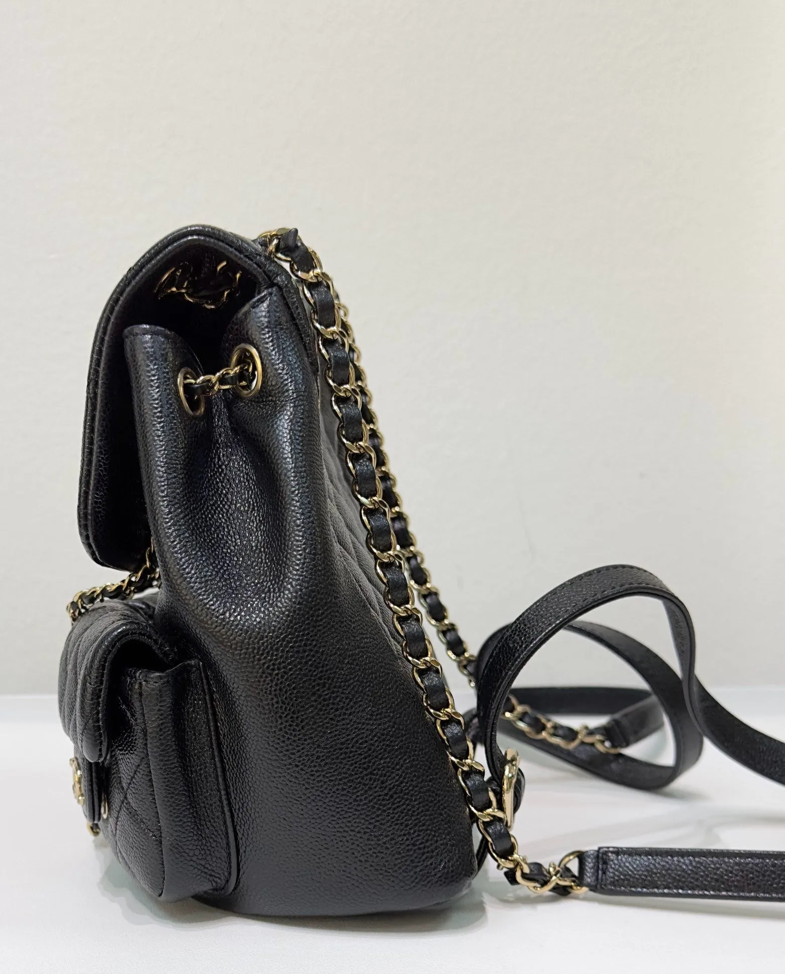 Chanel 23P Small Shiny Caviar Quilted Duma Pockets Drawstring Backpack Black GHW