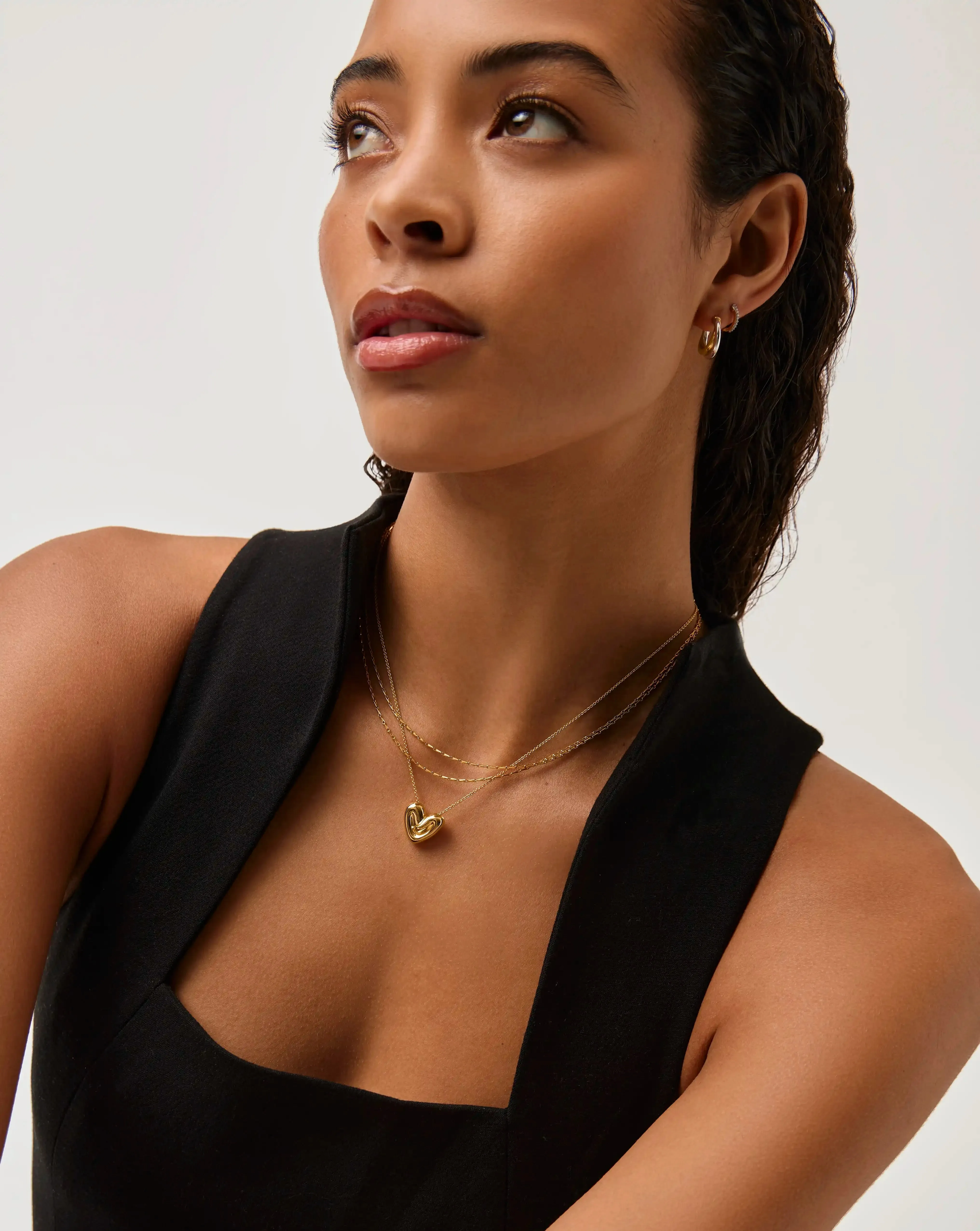 Double Chain & Puffy Heart Necklace Set | 18k Gold Plated