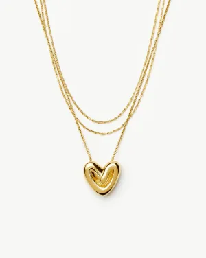 Double Chain & Puffy Heart Necklace Set | 18k Gold Plated