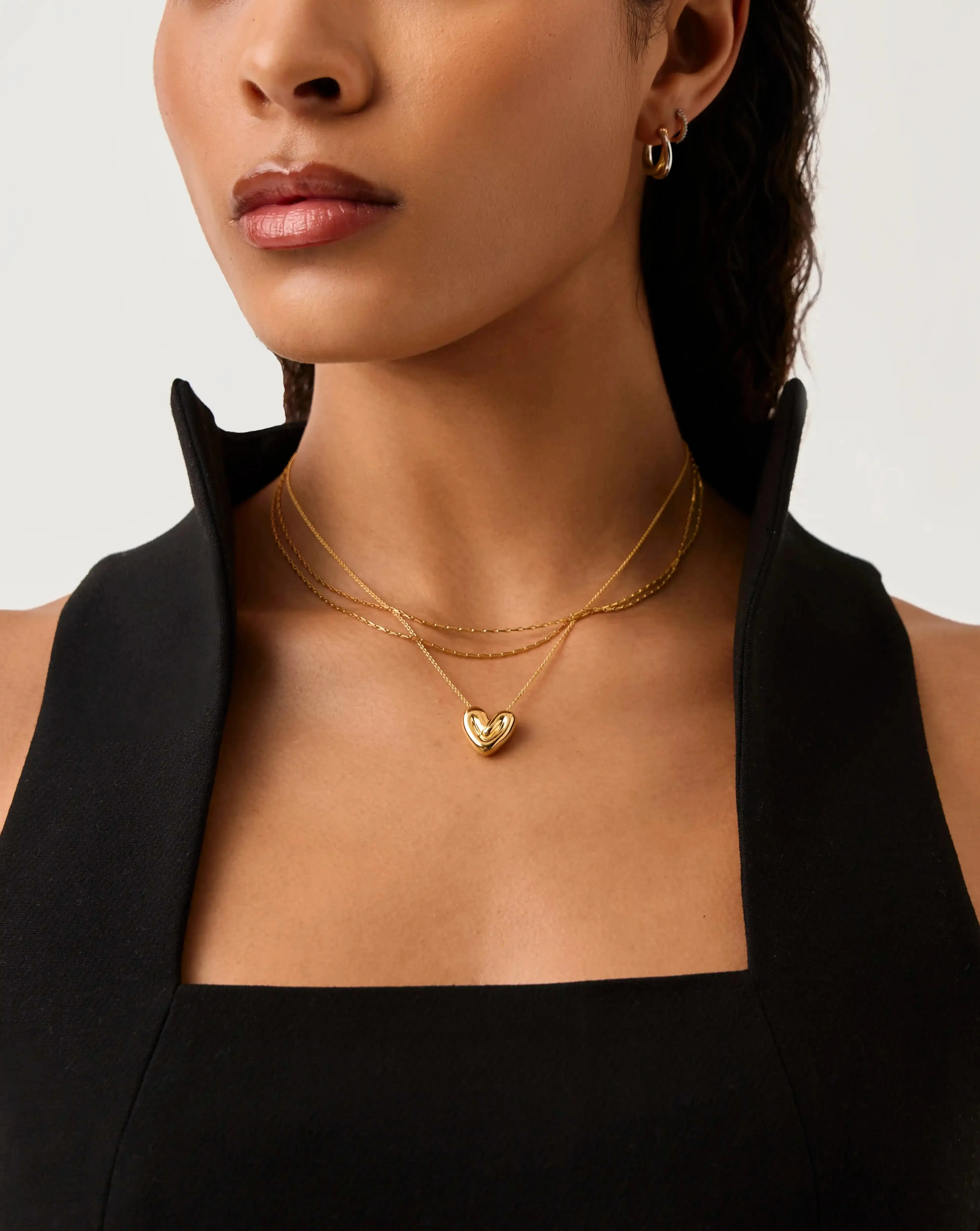 Double Chain & Puffy Heart Necklace Set | 18k Gold Plated