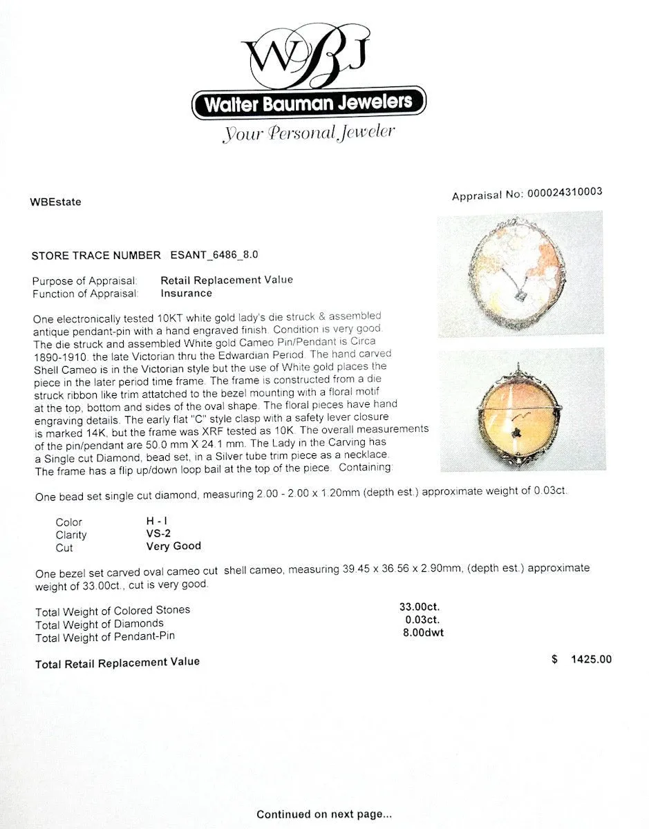 Estate 10K W Gold 33.00ct Shell & 0.03ct H-I/VS2 Diamond Cameo Pin/Pendant