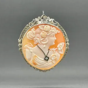 Estate 10K W Gold 33.00ct Shell & 0.03ct H-I/VS2 Diamond Cameo Pin/Pendant