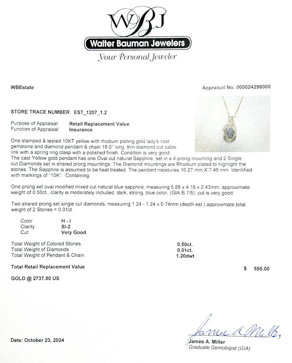Estate 10K Y Gold 0.50ct Sapphire & 0.01ctw H-I/SI2 Diamond Pendant