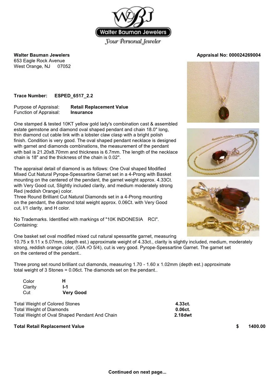 Estate 10K Y Gold 4.33ct Garnet & 0.06ctw H/I1 Diamond Pendant