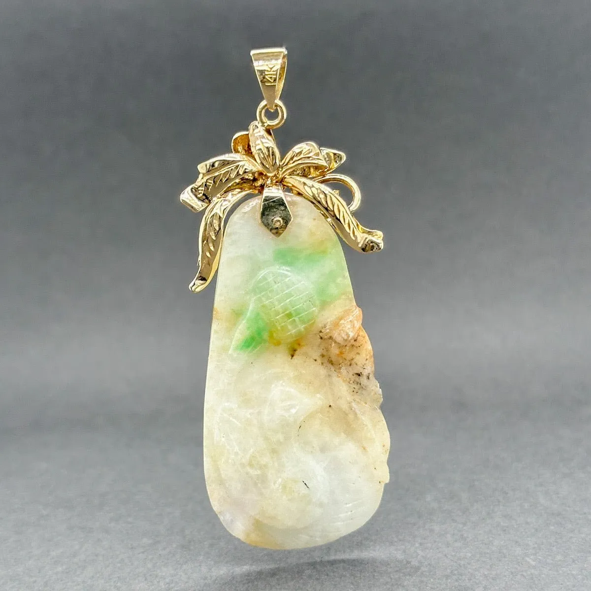 Estate 13K Y Gold 26.68ct Carved Bird Jadeite Pendant