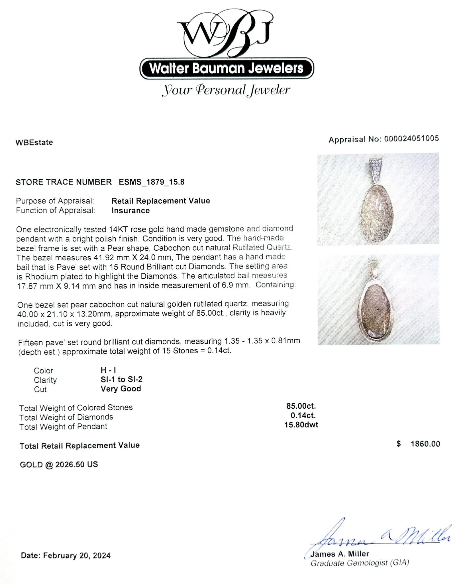 Estate 14K R Gold 85.00ct Rutilated Quartz & 0.14ctw Diamond Pendant