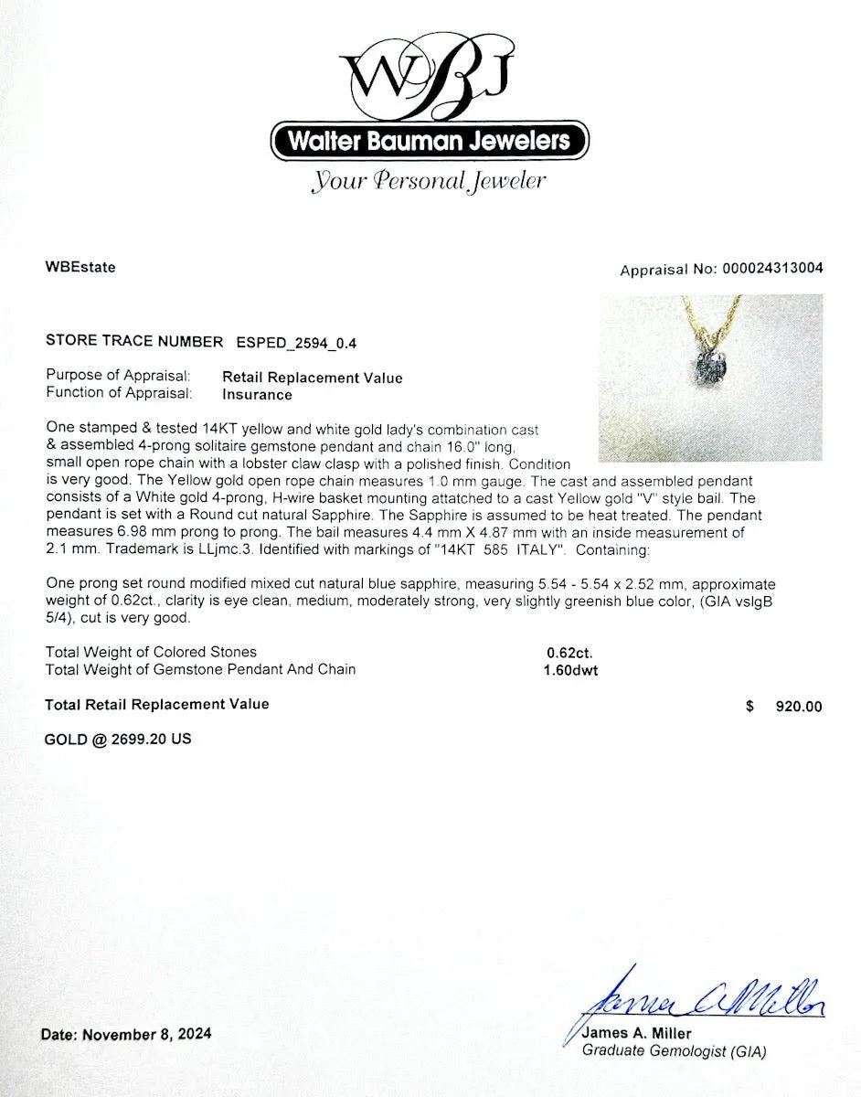 Estate 14K TT Gold 0.62ct Sapphire Pendant