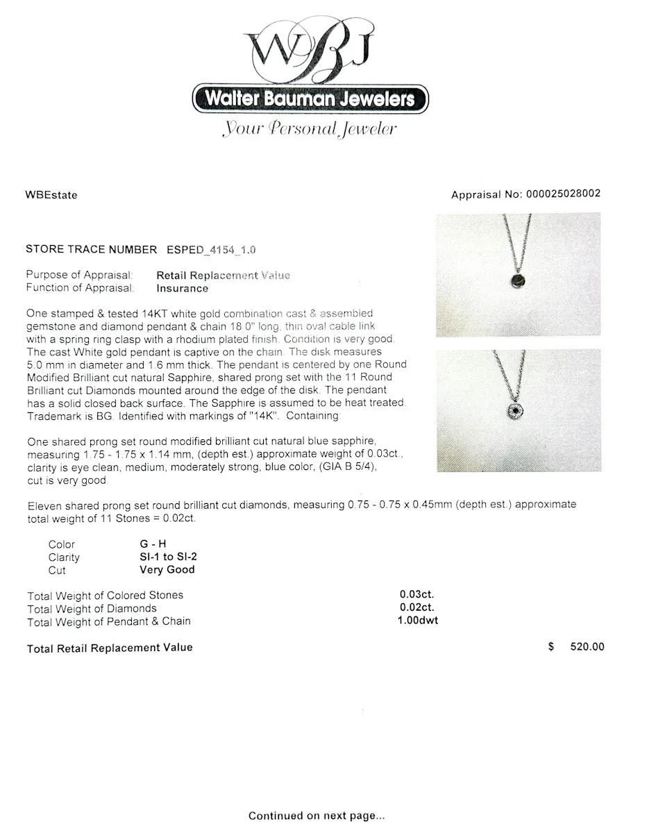 Estate 14K W Gold 0.03ct Sapphire & 0.02ctw Diamond Pendant