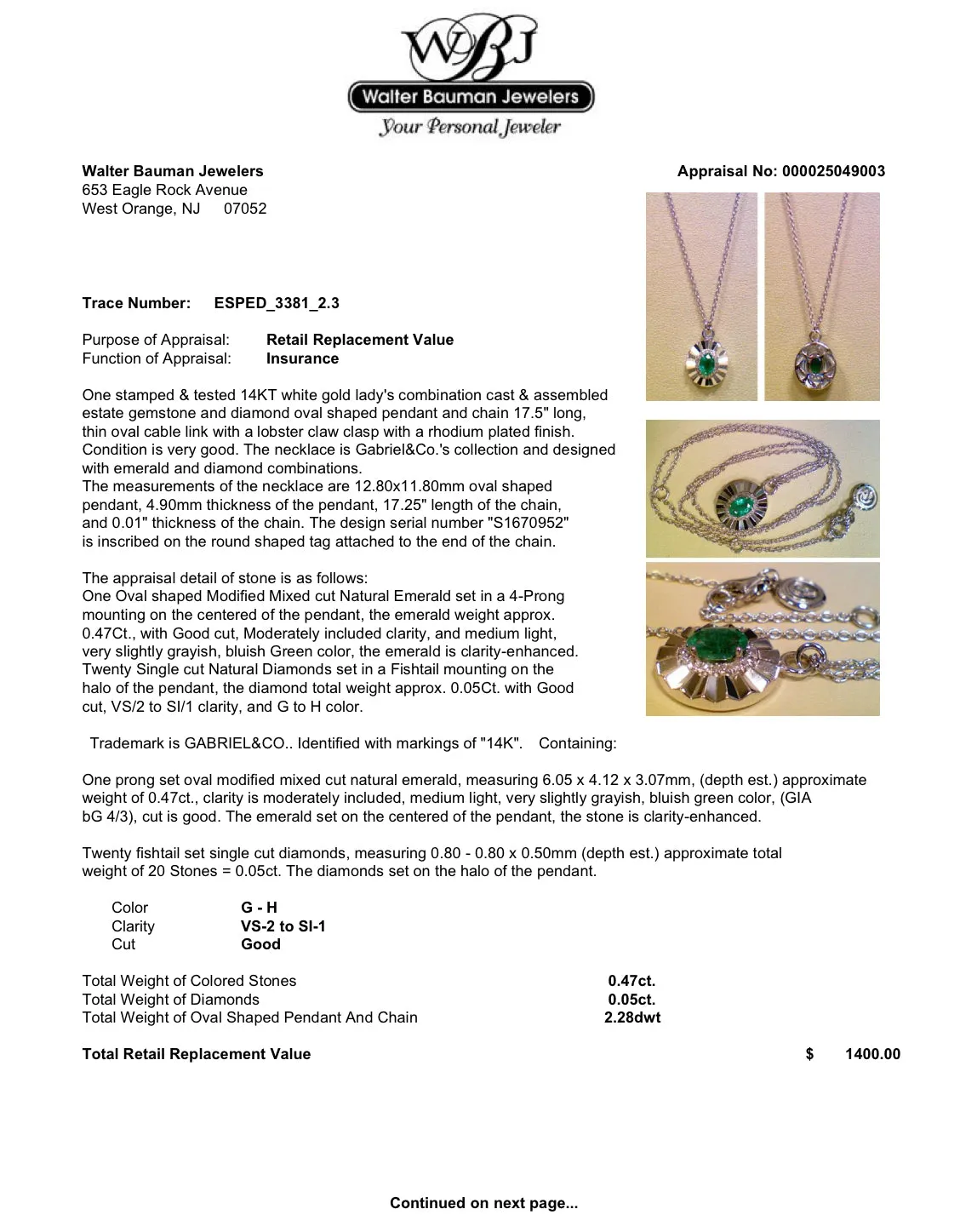 Estate 14K W Gold 0.47ct Emerald & 0.05ctw Diamond Pendant