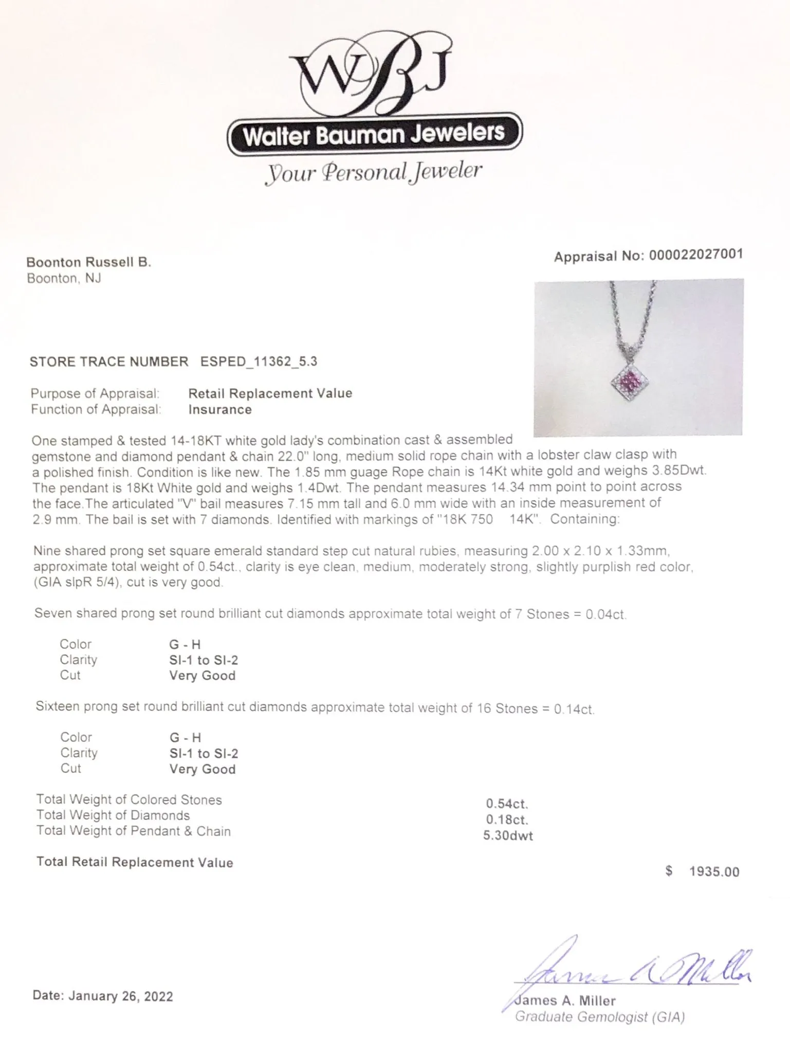 Estate 14K W Gold 0.54cttw Ruby & 0.18cttw G-H/SI1-2 Diamond Pendant