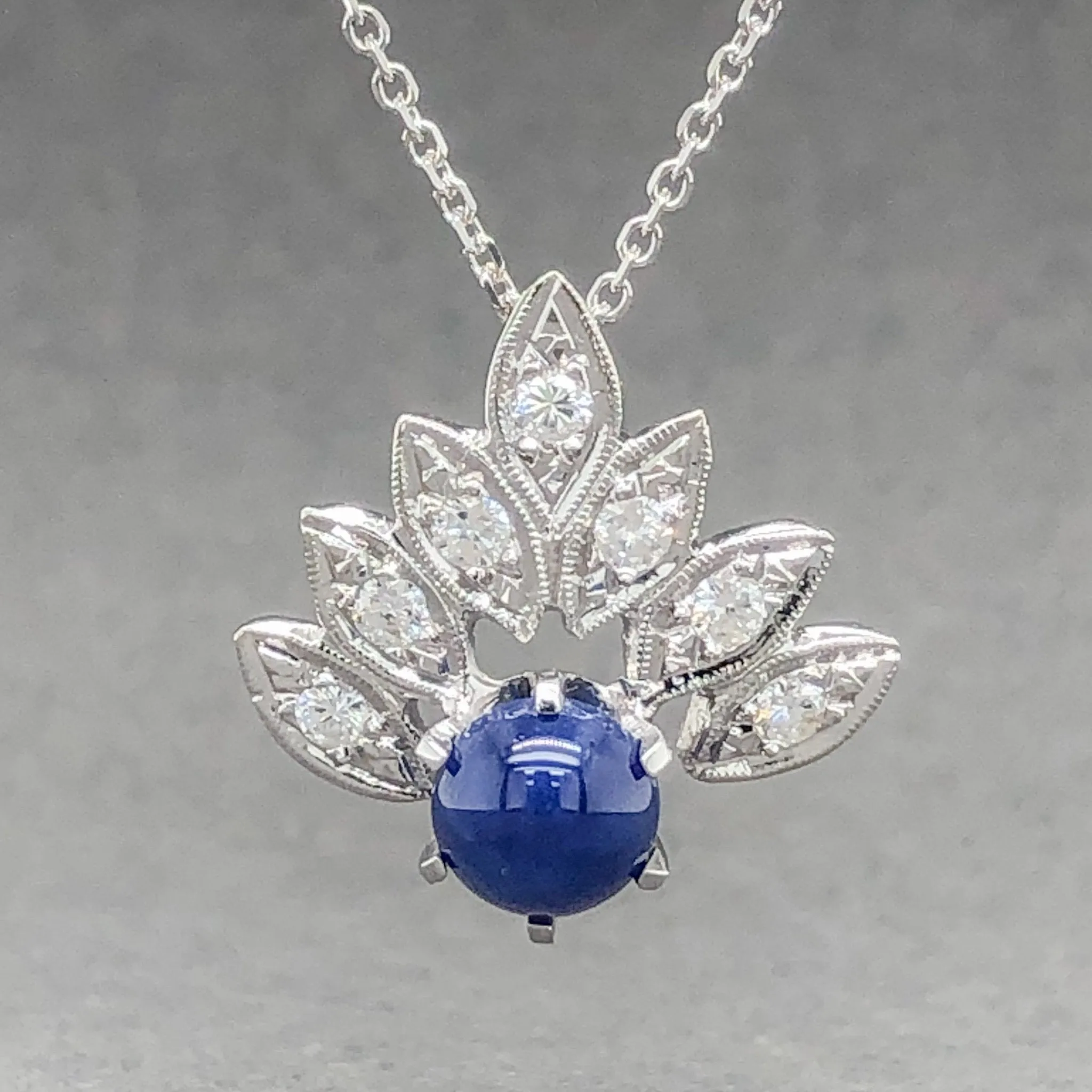 Estate 14K W Gold 0.55ct Lab-created Star Sapphire & Diamond Pendant