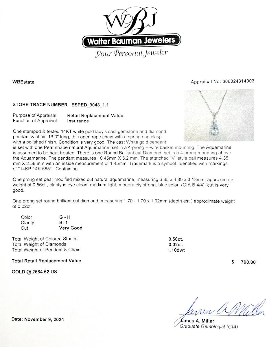 Estate 14K W Gold 0.56ct Aquamarine & 0.02ct G-H/SI1 Diamond Pendant