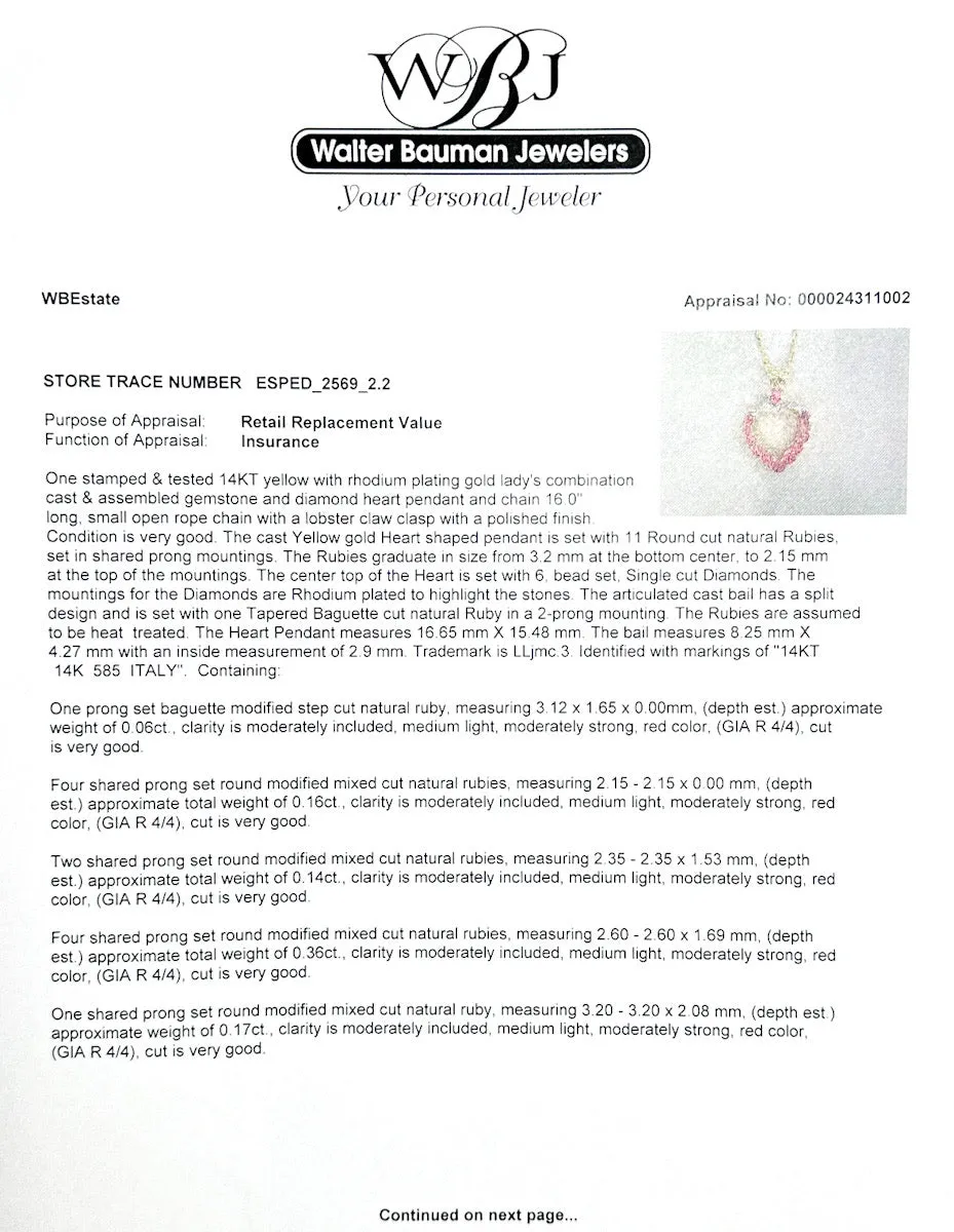 Estate 14K Y Gold 0.89ctw Ruby & 0.02ctw H-I/SI1 Diamond Heart Pendant
