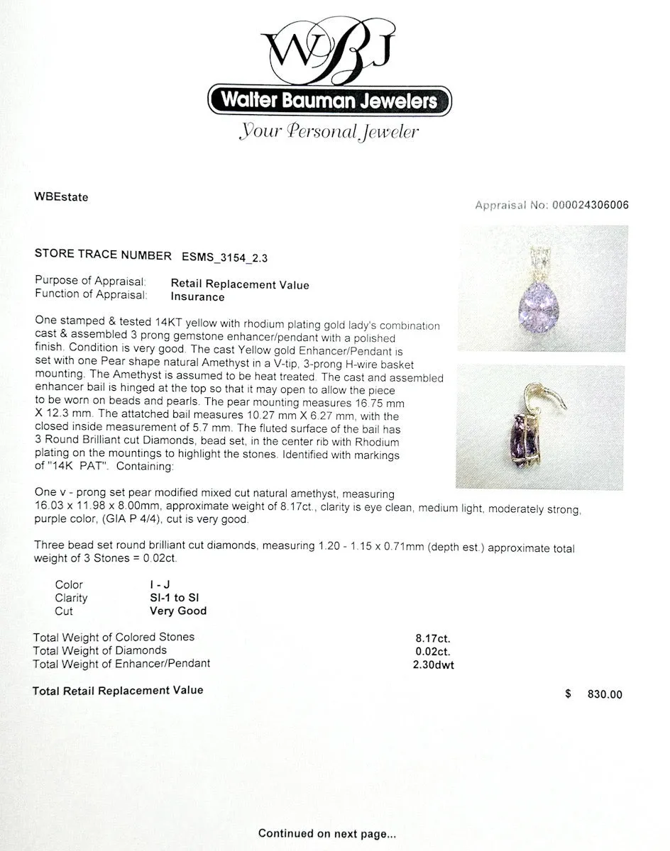 Estate 14K Y Gold 8.17ct Amethyst & 0.02ctw I-J/SI1-2 Diamond Pendant