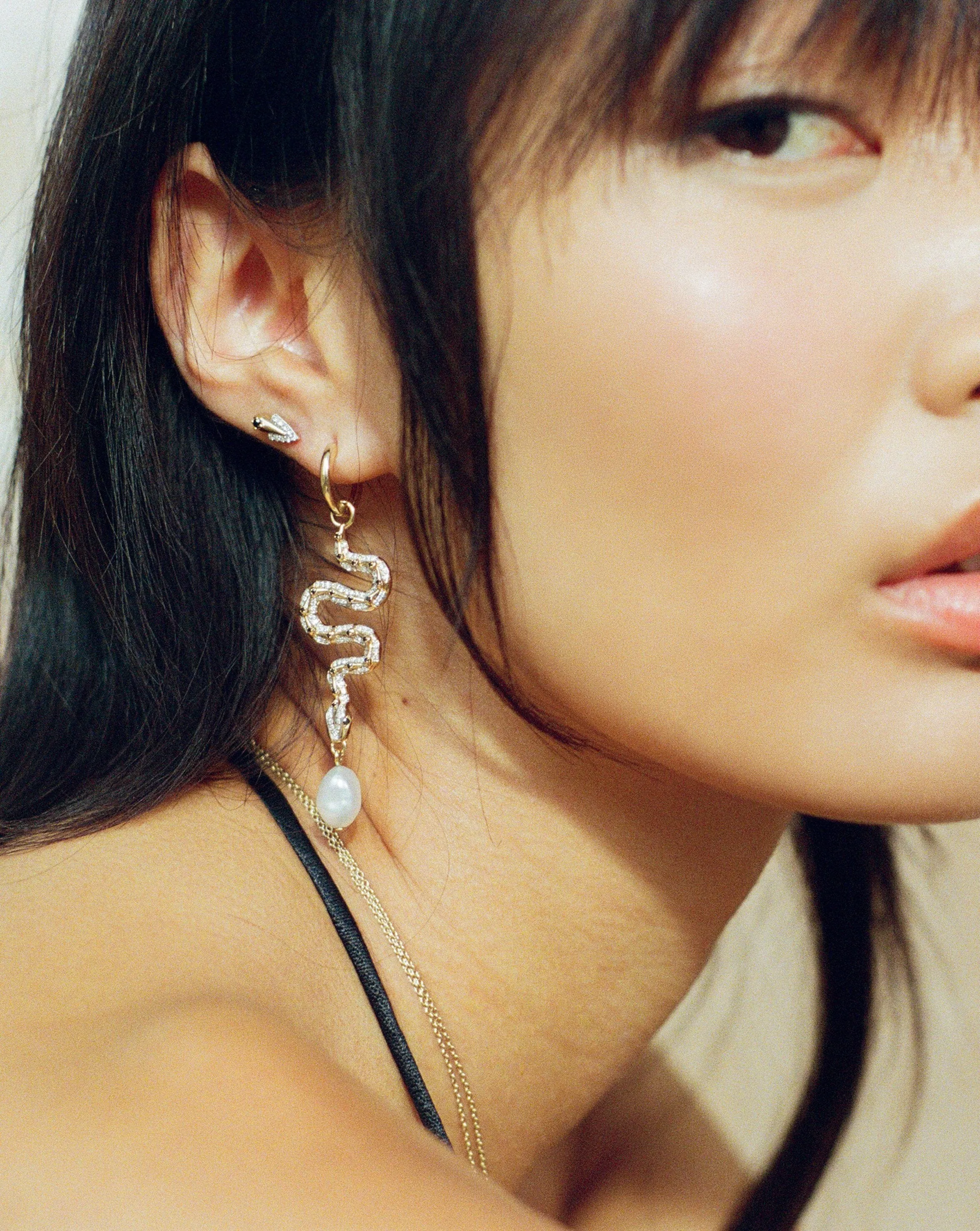 Harris Reed Fine Serpent Drop Earrings | 14k Solid Gold/Pearl & Diamond