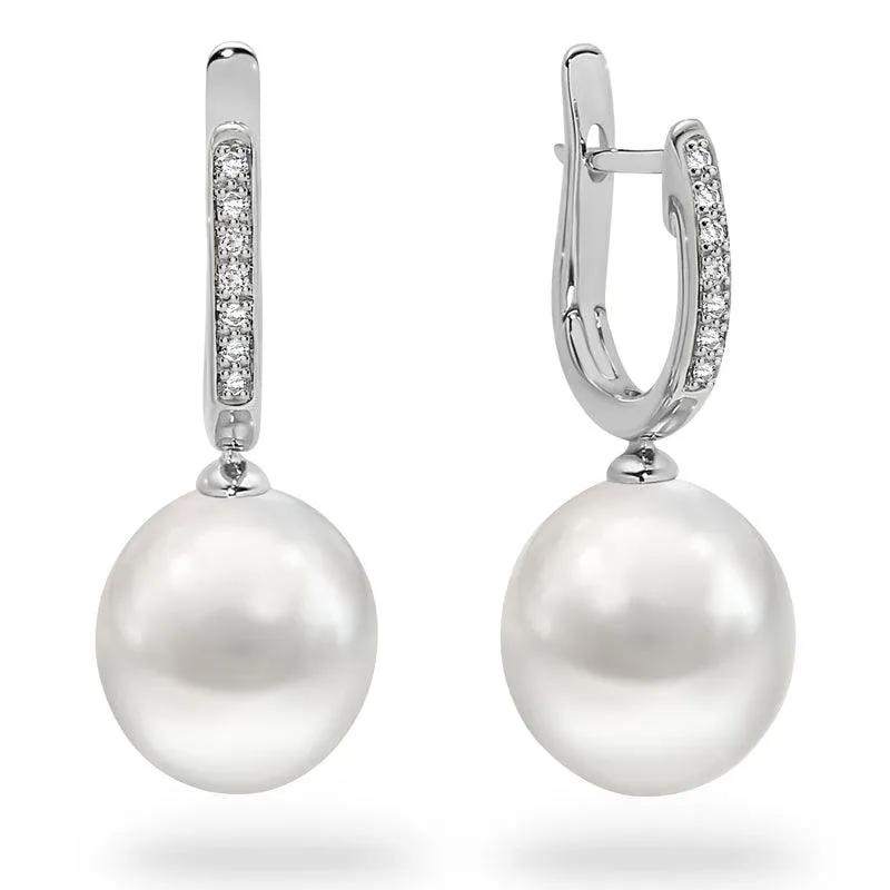 Ocean's Whisper - 10-11 mm White South Sea Pearl Drops with Diamond Huggies