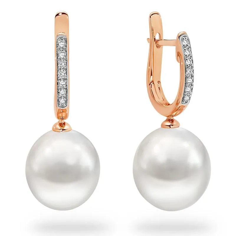 Ocean's Whisper - 10-11 mm White South Sea Pearl Drops with Diamond Huggies