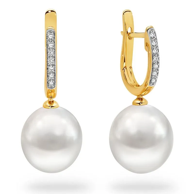 Ocean's Whisper - 10-11 mm White South Sea Pearl Drops with Diamond Huggies