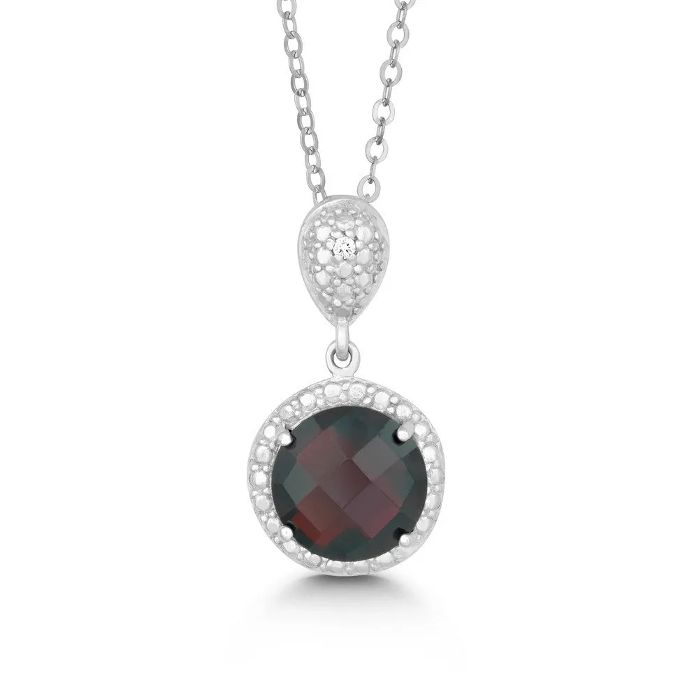 SS 9mm Round Garnet Pendant with One Diamond