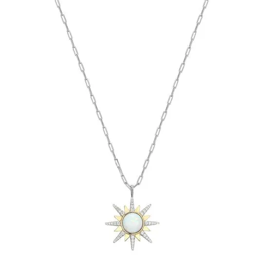 SS CZ and Synthetic Opal Starburst Pendant Paperclip Chain