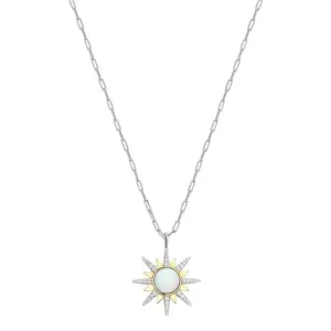SS CZ and Synthetic Opal Starburst Pendant Paperclip Chain
